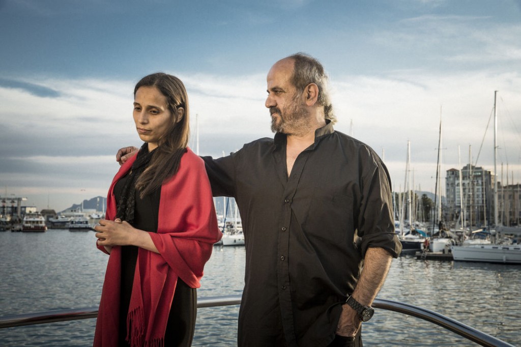 Wiam Simav Bedirxan et Ossama Mohammed lors de leur première rencontre à Cannes, le 16 mai 2014. | PHILIPPE QUAISSE/PASCO POUR "LE MONDE"