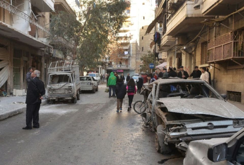 La ville d'Alep après un bombardement le 14 février 2016 en Syrie